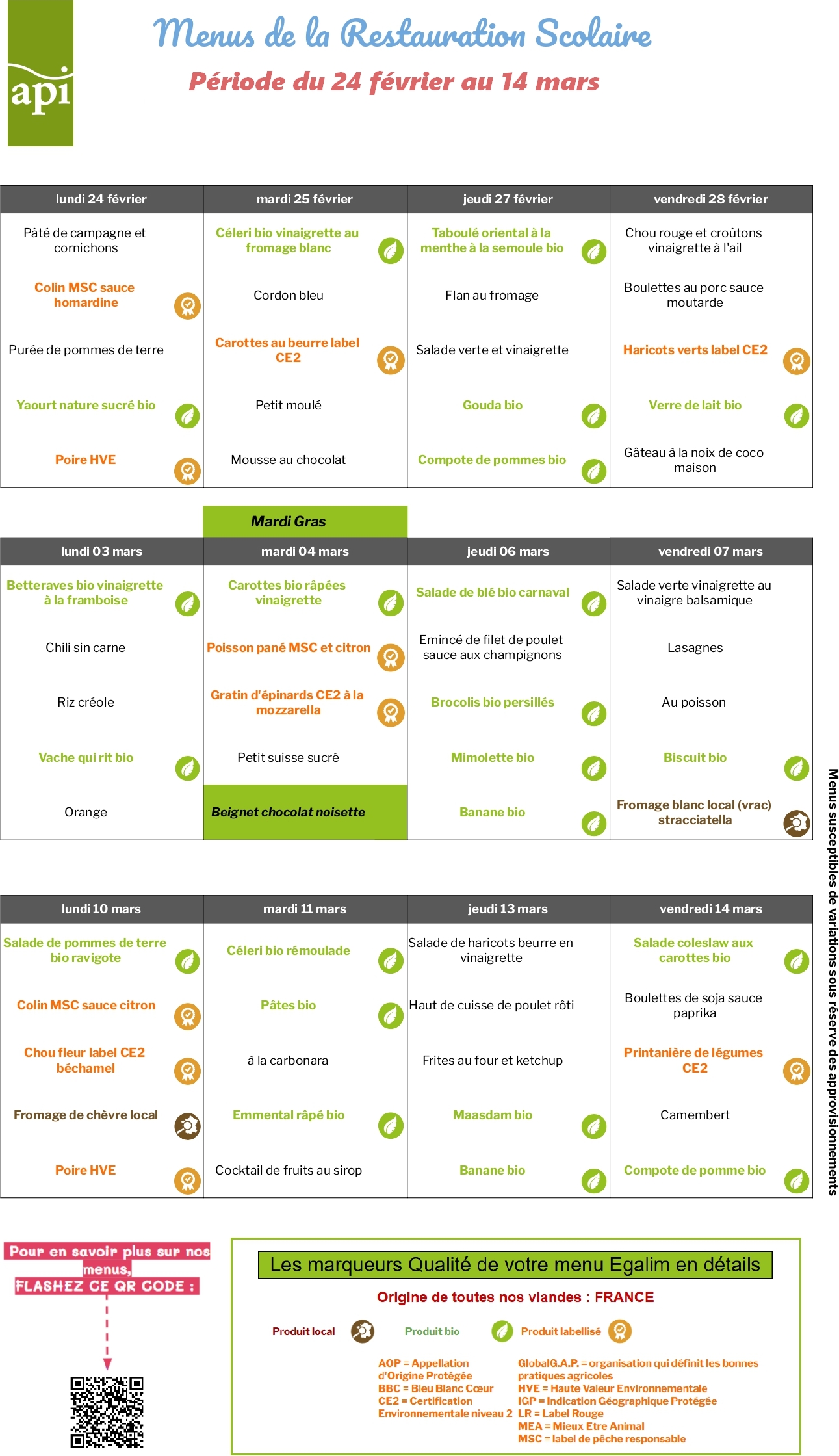 Menu du 24 fevrier au 14 mars